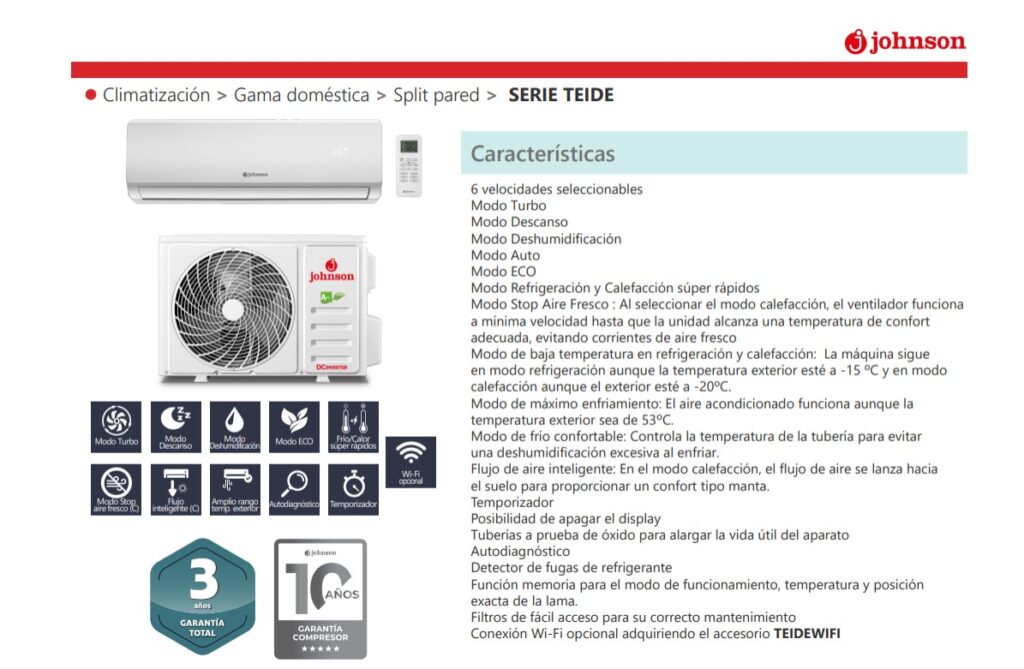 Aire Acondicionado Split JOHNSON TEIDE35K 2924 frigorías